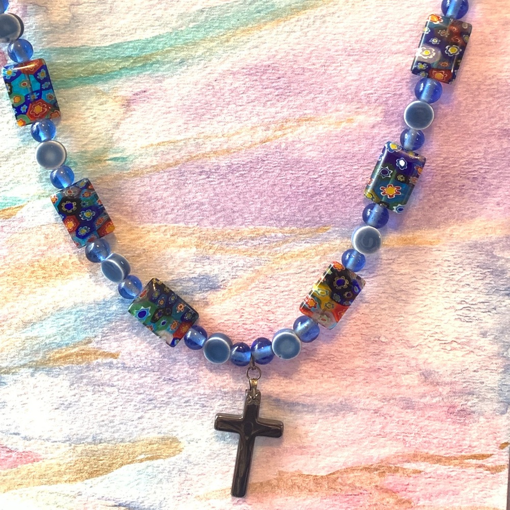 Vintage Millefiori Beaded Cross Necklace handcrafted